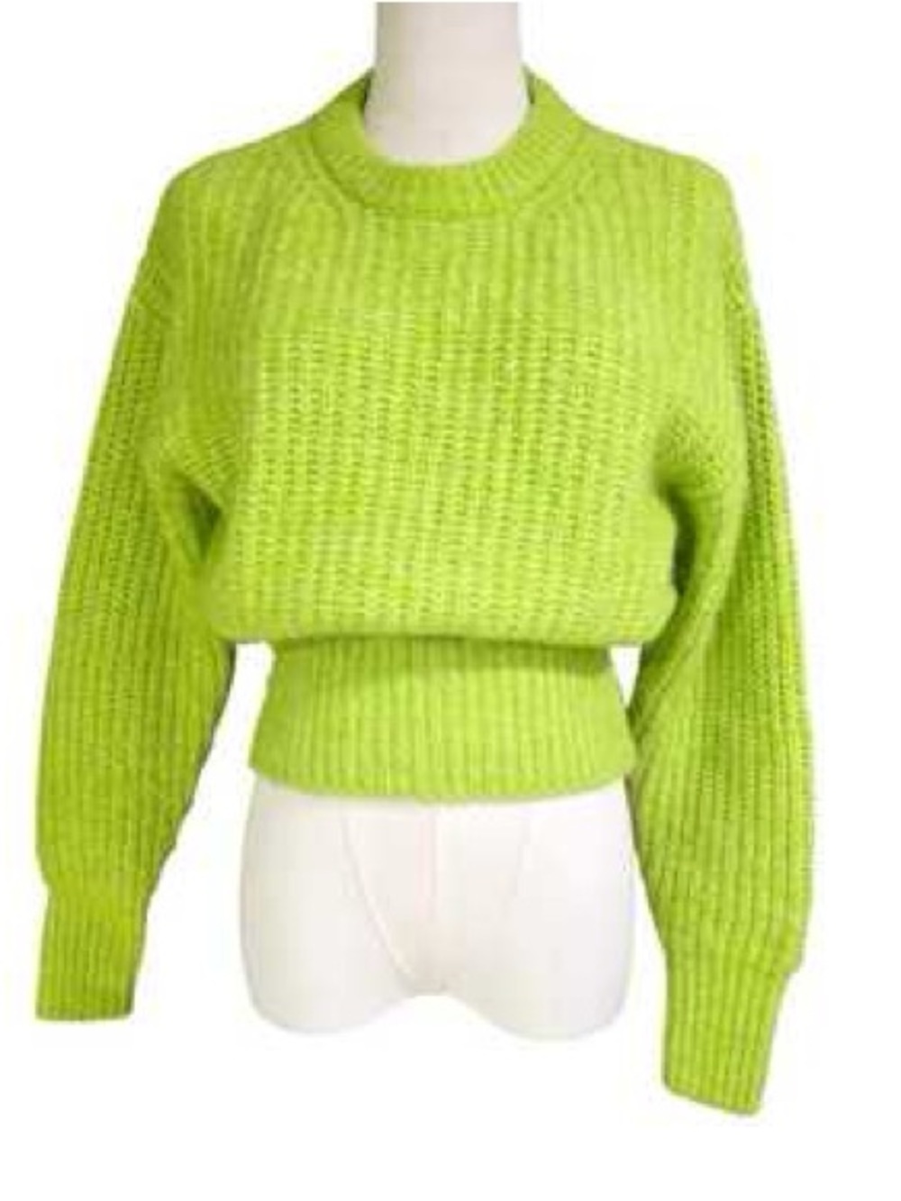 ZARA Lime Neon Green Ribbed Knit Wool, Alpaca Blend Crewneck Sweater Small